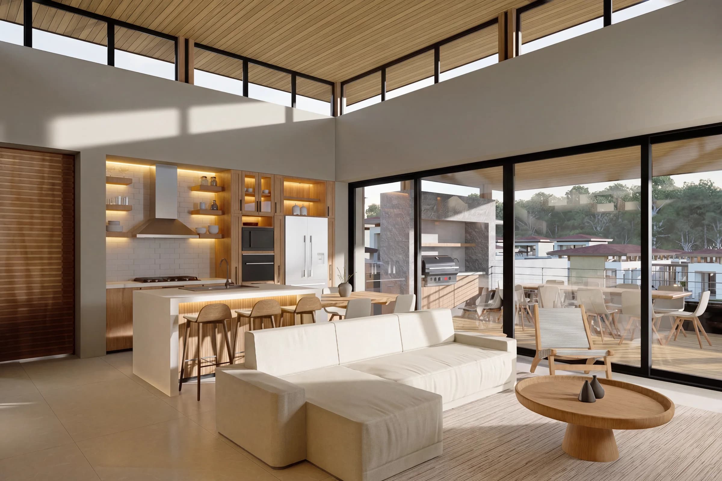 Architectural visualization of an unoccupied apartment living room and kitchen at Sueños del Mar.